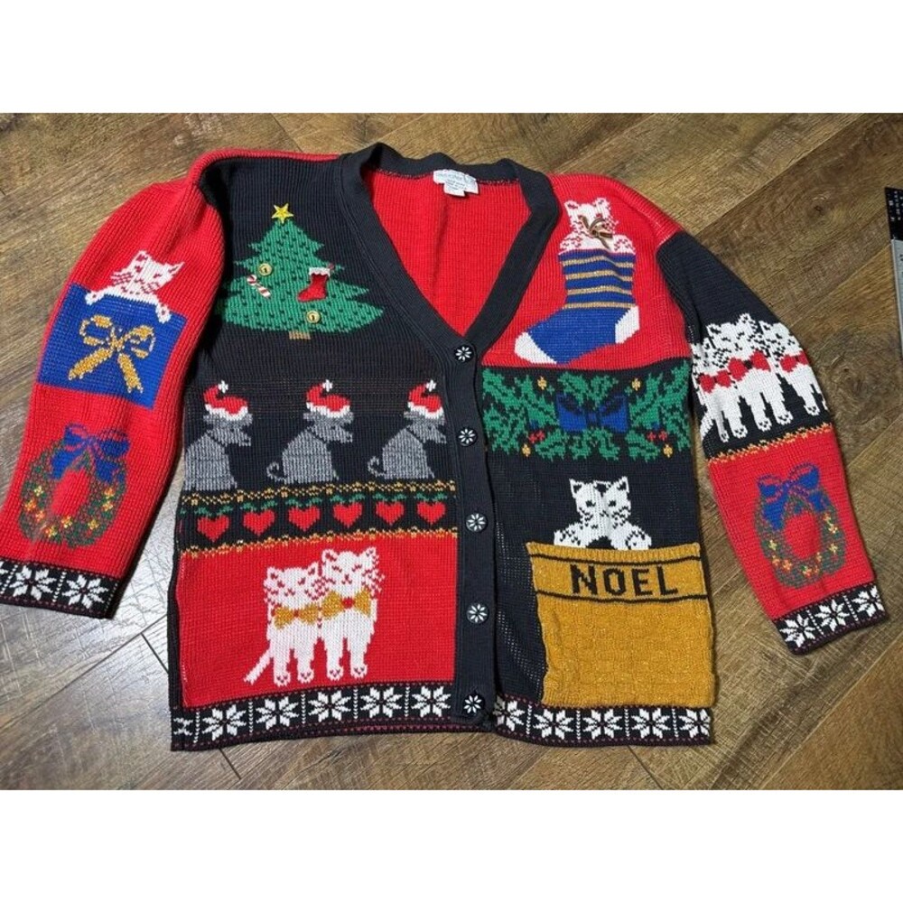 Vtg Ugly Christmas Cats Cardigan Med Sweater Loft USA
